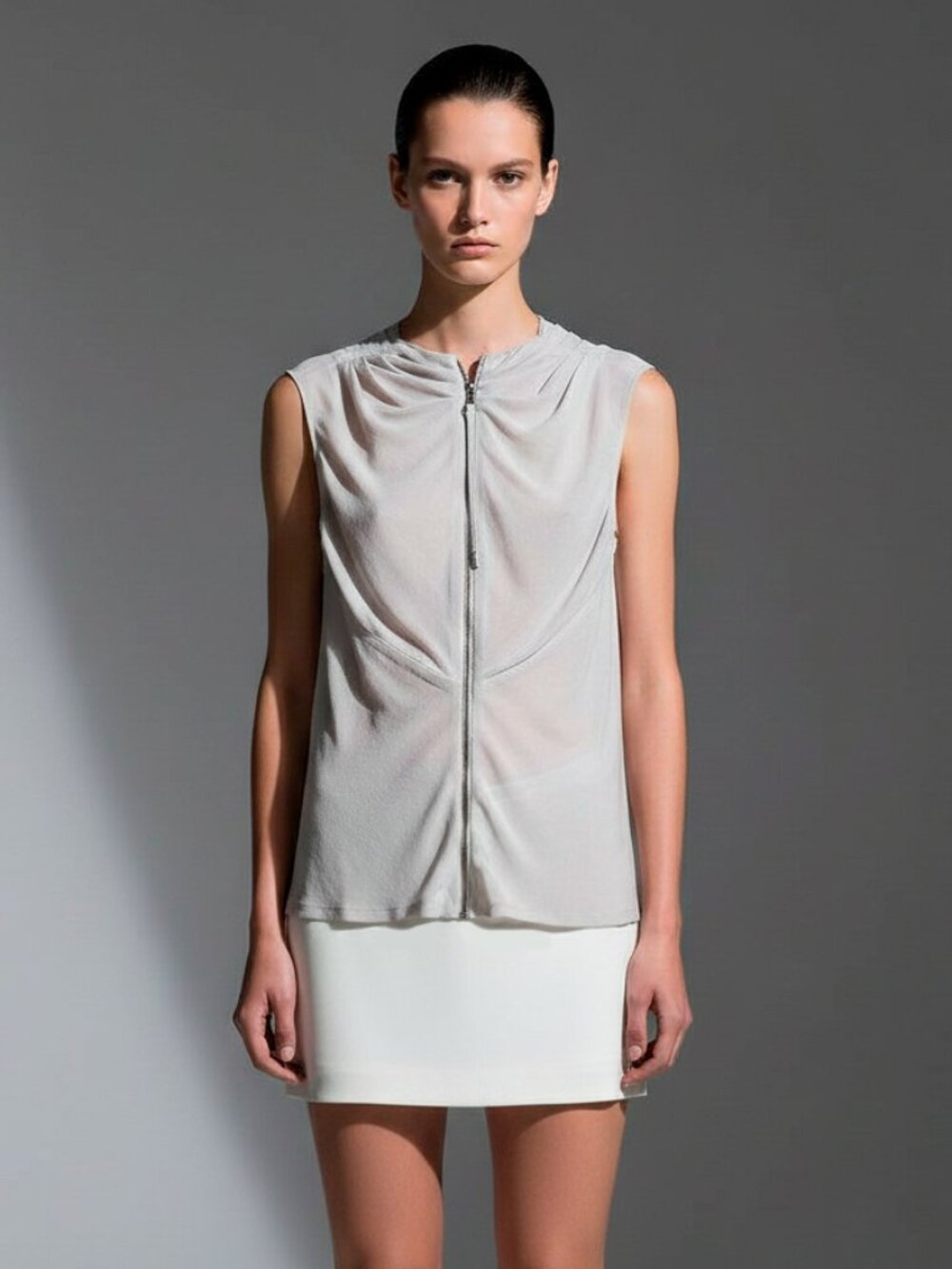 Rick Owens "Walrus" Sleeveless Zip-Front Pearl Grey Top